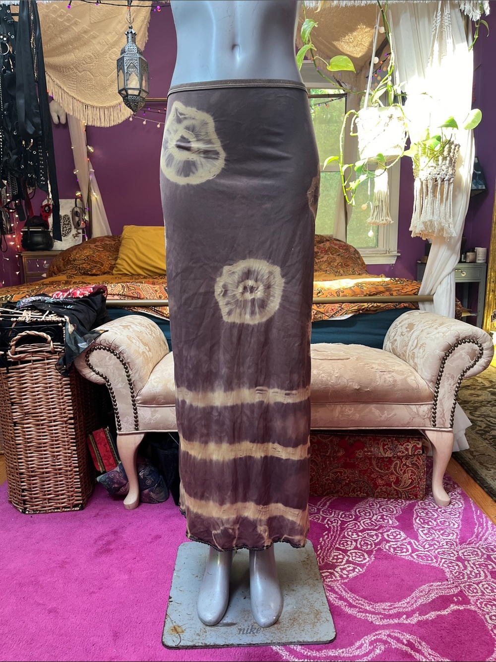 Vintage 90s silky satin nylon tie dye geode lingerie maxi slip skirt